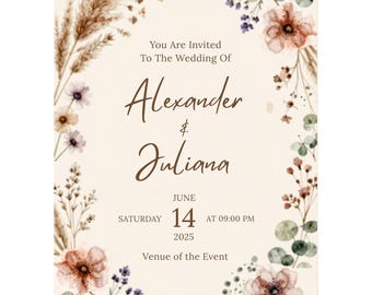 Boho Wedding Invitation Template Canva Editable | Wildflower Floral Invite | Nikkah Invitation | Acrylic Wedding Invitation Printable