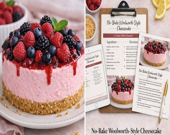 Printable Retro Cheesecake Recipe Card | No-Bake Raspberry Dessert | Digital Kitchen Wall Art | Instant Download PDF