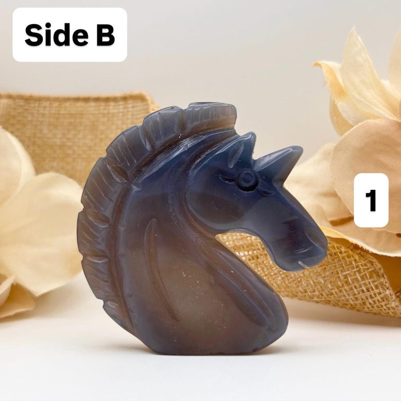 May include: A carved blue and brown gemstone unicorn head. The sculpture is detailed with a mane, horn, and facial features. The text "Side B" is in a white box in the upper left corner, and the number "1" is in a white box in the upper right corner.
