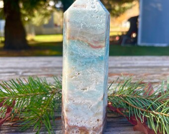 Large Caribbean Calcite Tower (738g) |Ocean Calm Stone | Stress Relief & Serenity Crystal
