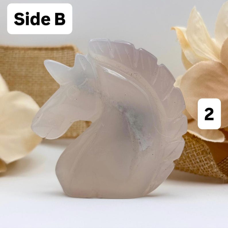 May include: A carved, translucent unicorn head sculpture. The sculpture is a pale pink color with a detailed mane and horn. The text "Side B" is in a white box in the upper left corner, and the number "2" is in a white box in the upper right corner.