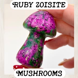 May include: A polished mushroom carving made of ruby zoisite, featuring a vibrant mottled pattern of deep magenta, forest green, and black mineral inclusions. The text RUBY ZOISITE MUSHROOMS is displayed in black lettering at the top and bottom of the image.