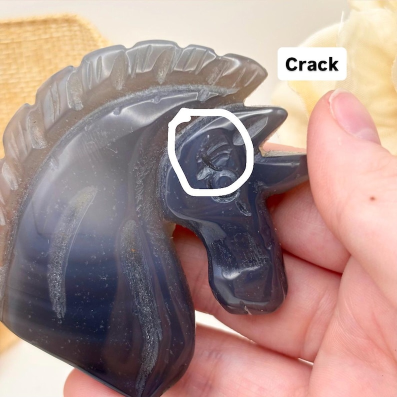 May include: A carved, dark blue and gray agate stone horse head sculpture. The horse has a detailed mane and facial features. The sculpture is held in a hand, and a crack is visible near the ear.
