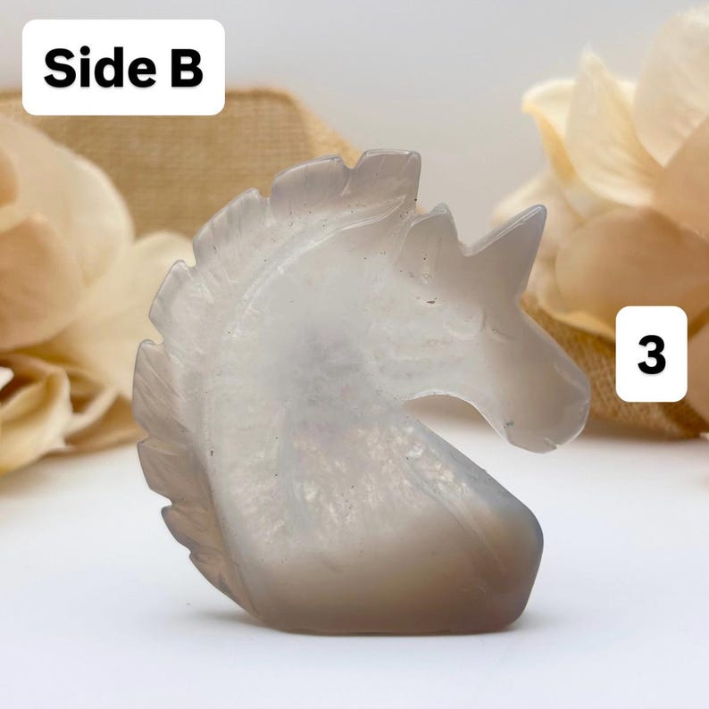 May include: A carved, gray-toned unicorn figurine. The sculpture is detailed, with a flowing mane and a prominent horn. The text "Side B" is in a white box in the upper left corner, and the number "3" is in a white box in the lower right corner.