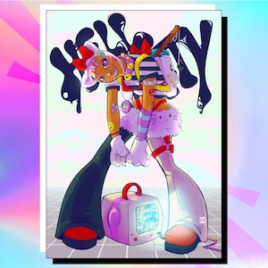 Puede incluir: Ilustración digital vibrante de un personaje con rasgos felinos, que lleva una mochila, una camisa a rayas y acentos blancos esponjosos. El personaje posa con un televisor retro, y el fondo presenta un patrón de cuadrícula y formas abstractas de tinta negra.