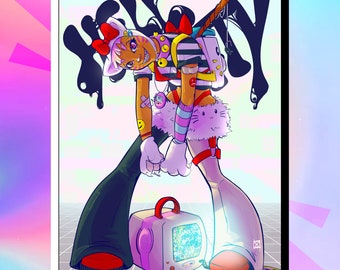 Puede incluir: Ilustración digital vibrante de un personaje con rasgos felinos, que lleva una mochila, una camisa a rayas y acentos blancos esponjosos. El personaje posa con un televisor retro, y el fondo presenta un patrón de cuadrícula y formas abstractas de tinta negra.