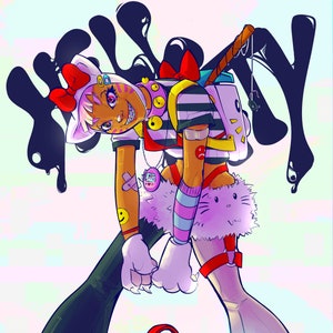 May include: Illustration of a character in a cat-themed outfit with a backpack and a sword. The character has a red bow, braces, and a pendant. The background features black ink splotches and the word "KILLY".