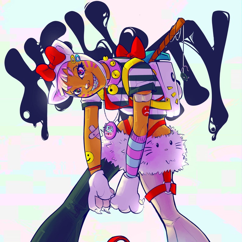 May include: Illustration of a character in a cat-themed outfit with a backpack and a sword. The character has a red bow, braces, and a pendant. The background features black ink splotches and the word "KILLY".