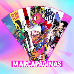 May include: A set of colorful bookmarks with various illustrations and text, including "Un Ver De Mu" and "Sell City". The bookmarks are arranged in a fan shape and the text "MARCAPÁGINAS" is at the bottom.