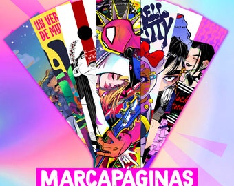 May include: A set of colourful bookmarks with various illustrations and text, including "Un Ver De Mu" and "Sell City". The bookmarks are arranged in a fan shape and the text "MARCAPÁGINAS" is at the bottom.