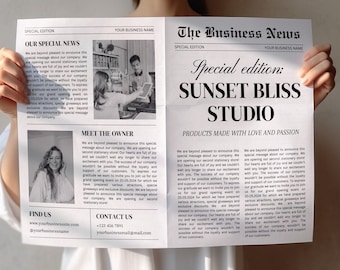 Business Newspaper Template, New Business Announcement Newspaper, Newspaper For Business Launch, Canva Newspaper, Photography Newspaper