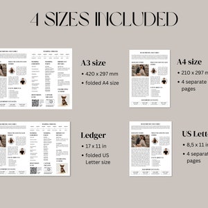 May include: A beige digital wedding template with four size options: A3 (420 x 297 mm), A4 (210 x 297 mm), Ledger (17 x 11 in), and US Letter (8.5 x 11 in). Each template includes multiple pages with wedding details.
