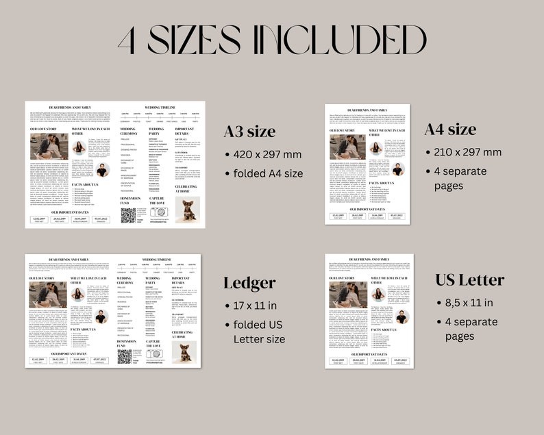 May include: A beige digital wedding template with four size options: A3 (420 x 297 mm), A4 (210 x 297 mm), Ledger (17 x 11 in), and US Letter (8.5 x 11 in). Each template includes multiple pages with wedding details.