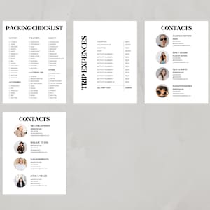 May include: A packing checklist with sections for clothes, toiletries, makeup, face skincare, accessories, and other items. A separate section lists trip expenses with categories for transport, accommodation, shipping, food, and activities. A third section lists contacts with names, phone numbers, and email addresses.