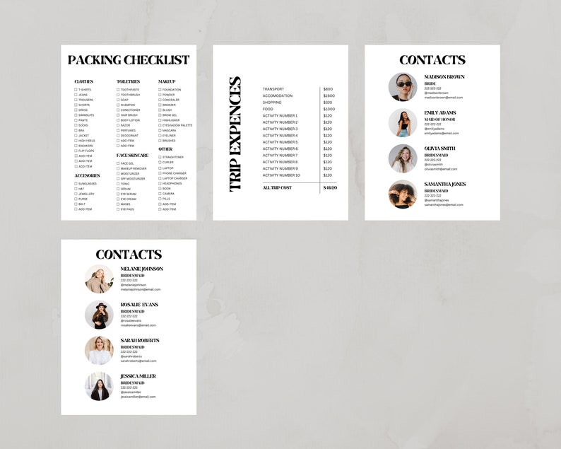 May include: A packing checklist with sections for clothes, toiletries, makeup, face skincare, accessories, and other items. A separate section lists trip expenses with categories for transport, accommodation, shipping, food, and activities. A third section lists contacts with names, phone numbers, and email addresses.