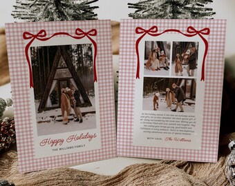 May include: Pink gingham Christmas cards with family photos and red ribbon accents. One card features a family photo with the text "Happy Holidays" and "The Williams Family." The other card has three smaller photos and holiday text.