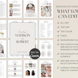 Op de afbeelding: Een trouwdag binder sjabloon met secties voor vervoer, menu en ceremonie details. De omslag toont "Madison & Robert" met datum en locatie. De rechterkant geeft bewerkbare functies zoals tekstgrootte en kleur weer.