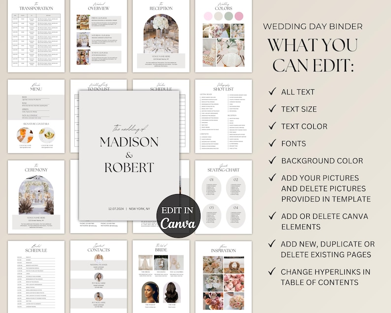 Op de afbeelding: Een trouwdag binder sjabloon met secties voor vervoer, menu en ceremonie details. De omslag toont "Madison & Robert" met datum en locatie. De rechterkant geeft bewerkbare functies zoals tekstgrootte en kleur weer.