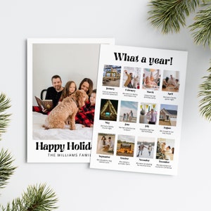 Modello per biglietto di auguri per l'anno in rassegna, collage fotografico per biglietto di che anno, modello stampabile per biglietto di Natale con foto di famiglia, anno per la famiglia in rassegna