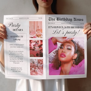 Plantilla de periódico de cumpleaños, invitación de cumpleaños en periódico, periódico Canva, accesorio de periódico para sesión de fotos de cumpleaños, programa de cumpleaños