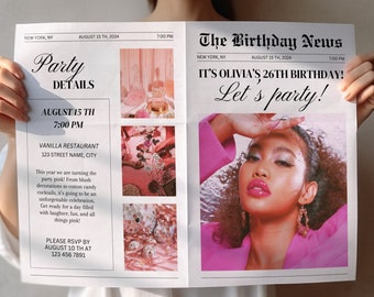 Plantilla de periódico de cumpleaños, invitación de cumpleaños en periódico, periódico Canva, accesorio de periódico para sesión de fotos de cumpleaños, programa de cumpleaños