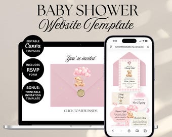 We Can Bearly Wait Baby Shower Website Template with RSVP: Pink Bear Digital Invitation