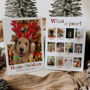 Plantilla de tarjeta de Navidad con foto de perro, tarjeta fotográfica de revisión del año del perro, tarjeta navideña para mascotas, collage de fotos de tarjeta de qué año, tarjeta de Navidad con perro