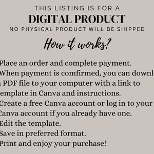 May include: Image with text: "THIS LISTING IS FOR A DIGITAL PRODUCT. NO PHYSICAL PRODUCT WILL BE SHIPPED." Instructions on how to download and use a digital template are also included.
