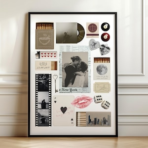 Può includere: Un collage incorniciato con vari elementi, tra cui una striscia fotografica in bianco e nero, carte da gioco, un disco in vinile e scatole di fiammiferi. Il collage include una foto di due persone che si baciano, dadi e una chiave.
