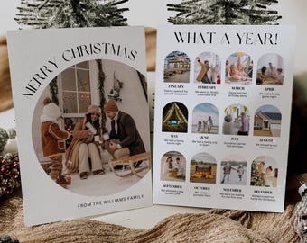 Puede incluir: Una tarjeta de Navidad con las palabras "MERRY CHRISTMAS" y "WHAT A YEAR!" impresas. La tarjeta presenta fotos familiares y texto que describe eventos de enero a diciembre. El apellido "FROM THE WILLIAMS FAMILY" también está impreso en la tarjeta.