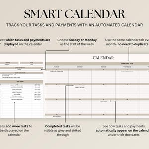 Op de afbeelding: Een digitale kalender met de tekst "SMART CALENDAR". De kalender toont taken en betalingen, met opties om taken te selecteren, de startdag te kiezen en taken toe te voegen. De kalender is voor februari 2006.