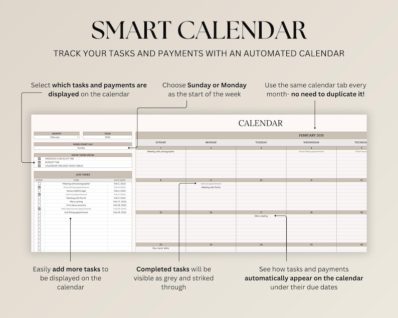 Op de afbeelding: Een digitale kalender met de tekst "SMART CALENDAR". De kalender toont taken en betalingen, met opties om taken te selecteren, de startdag te kiezen en taken toe te voegen. De kalender is voor februari 2006.