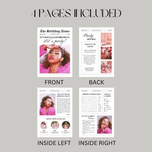 May include: A four-page birthday party invitation set. The front page features a photo of a woman in a pink outfit with the text "It's Olivia's 26th Birthday! Let's party!". The back page includes party details. The inside pages have additional information.