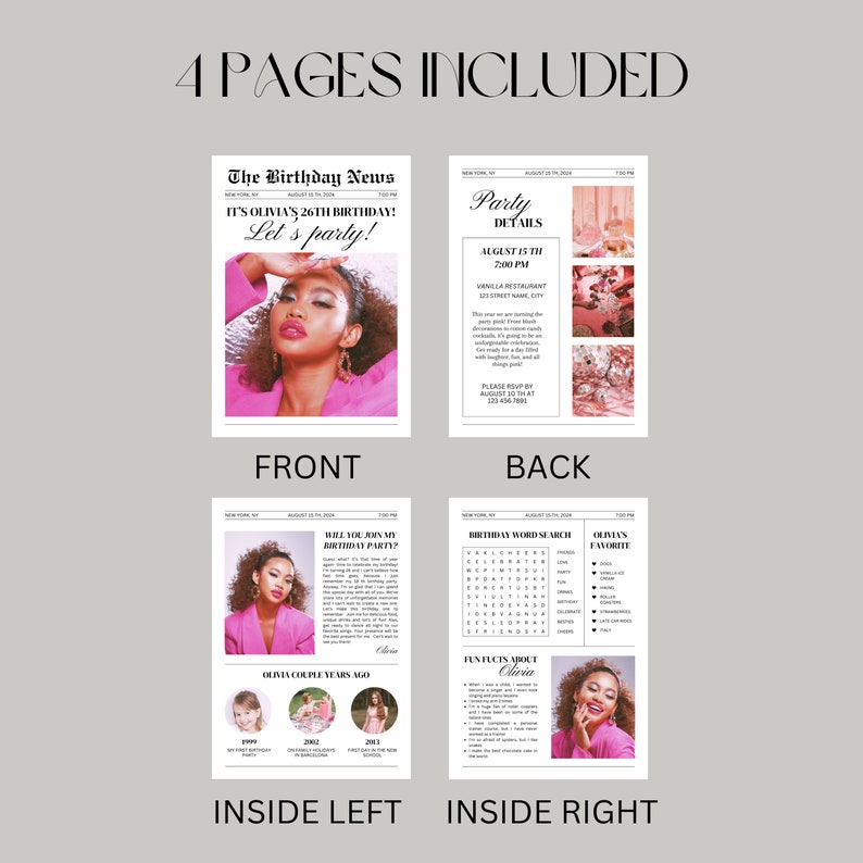 May include: A four-page birthday party invitation set. The front page features a photo of a woman in a pink outfit with the text "It's Olivia's 26th Birthday! Let's party!". The back page includes party details. The inside pages have additional information.