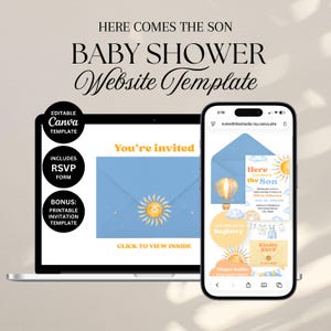 Könnte beinhalten: Ein Babyparty-Website-Template, das auf einem Laptop und Smartphone angezeigt wird. Das Design zeigt einen blauen Umschlag mit einer lächelnden Sonne und dem Text "Here Comes the Son". Weitere Elemente sind ein Heißluftballon und Wolken.