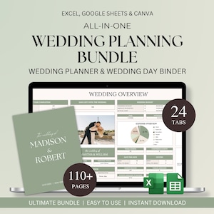 May include: A digital wedding planning bundle displayed on a laptop screen, with a physical planner and icons for Excel and Google Sheets. The planner includes 110+ pages and 24 tabs. Text on the screen reads "Wedding Planning Bundle". The physical planner is sage green and says "Madison & Robert".