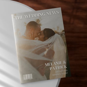 May include: A magazine cover titled "The Wedding News" featuring a couple embracing. The cover includes the date "Saturday, August 15, 2024" and the names "Melanie & Patrick" with the text "Are Getting Married Today."