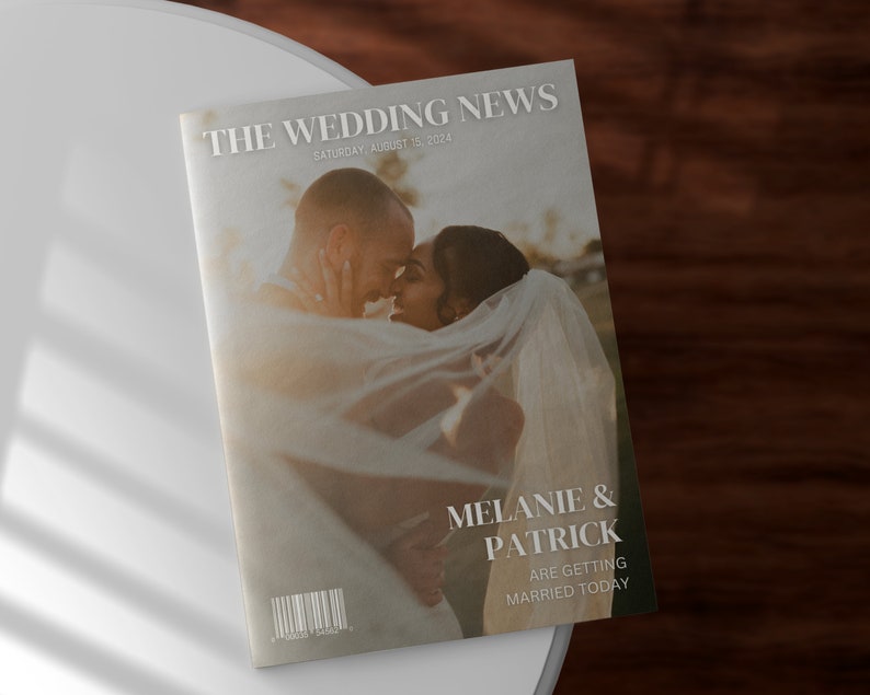 May include: A magazine cover titled "The Wedding News" featuring a couple embracing. The cover includes the date "Saturday, August 15, 2024" and the names "Melanie & Patrick" with the text "Are Getting Married Today."