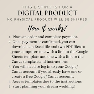 Op de afbeelding: Een beige digitale productlijst met zwarte tekst. De tekst luidt: "DEZE AANBIEDING IS VOOR EEN DIGITAAL PRODUCT. ER WORDEN GEEN FYSIEKE PRODUCTEN VERZONDEN." Hieronder staan instructies, waaronder het downloaden van Excel- en PDF-bestanden en het openen van sjablonen.