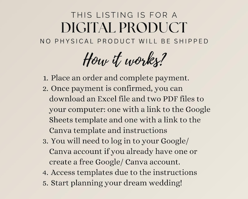 Op de afbeelding: Een beige digitale productlijst met zwarte tekst. De tekst luidt: "DEZE AANBIEDING IS VOOR EEN DIGITAAL PRODUCT. ER WORDEN GEEN FYSIEKE PRODUCTEN VERZONDEN." Hieronder staan instructies, waaronder het downloaden van Excel- en PDF-bestanden en het openen van sjablonen.
