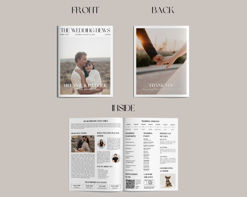 May include: A wedding newspaper with the headline "THE WEDDING HEWS" and the names "MELANIE & PATRICK" on the front. The back features a photo of hands and the text "THANK YOU FOR BEING PART OF OUR SPECIAL DAY". Inside, there is wedding information.