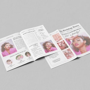 May include: A newspaper-style birthday party invitation with a pink theme. The design includes photos, a word search, and the headline "The Birthday News." The invitation is open on a gray surface.