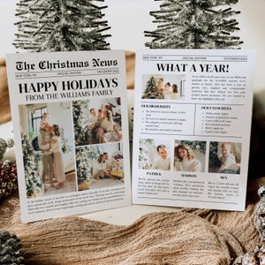 Plantilla de tarjeta navideña de revisión del año, plantilla de tarjeta navideña de qué año, plantilla de tarjeta navideña de periódico imprimible, boletín informativo de Navidad