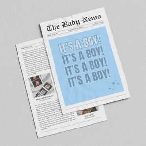 Plantilla de periódico de anuncio de bebé es un niño, Periódico de anuncio de embarazo, Periódico Canva de revelación de género, Periódico de Baby Shower