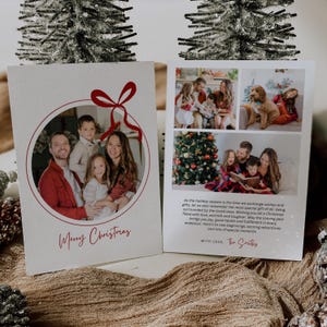 Modelo de cartão de Natal com foto, cartão de Natal com laço, cartão de foto de família, cartão de Natal com fita, cartão de Natal boho, cartão minimalista Canva