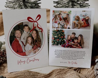 Photo Christmas Card Template, Bow Holiday Card, Family Photo Card, Ribbon Merry Christmas Card,  Boho Holiday Card, Minimalist Card Canva