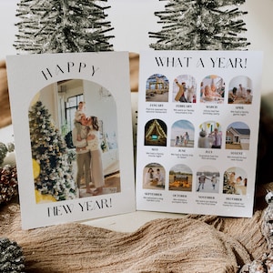 Modello di biglietto di Capodanno, modello di biglietto di revisione dell'anno, collage fotografico di biglietto di che anno, modello di biglietto fotografico Arch stampabile, newsletter di famiglia