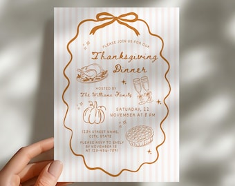 Thanksgiving Dinner Invitation Striped, Hand Drawn Friendsgiving Party Invite, Editable Fall Canva Template (Digital & Printable)