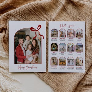 Plantilla de tarjeta navideña de revisión del año, collage de fotos de tarjetas de What A Year, tarjeta con moño, plantilla de tarjeta festiva Arch, boletín de vacaciones, tarjeta con foto