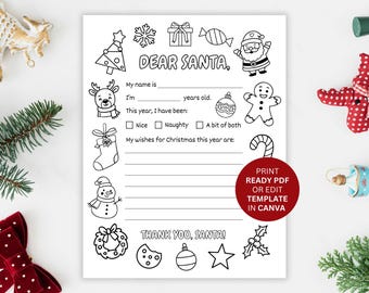 Letter To Santa Coloring Page Printable: Christmas Wish List For Kids (PDF & Canva Template)